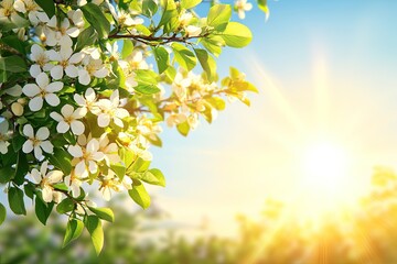 Obraz premium Blossoming branches against a vibrant spring sky. Sunlight streams through the leaves