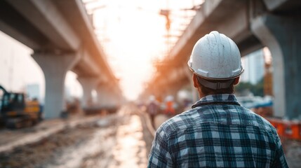 Fototapeta premium Construction worker oversees infrastructure progress with intent and a white hard hat at a bustling outdoor worksite.