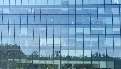 Fototapeta premium Modern glass office building exterior reflecting trees. Ideal for corporate, architectural, and real estate projects.