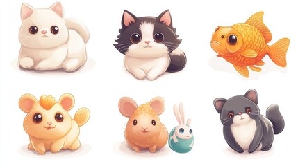 Six adorable cartoon animals?a white cat, a tuxedo cat, a goldfish, a hamster, another hamster with a rabbit, and a grey cat?are depicted in a whimsical, chibi-like style