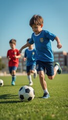Energetic boys playing soccer on a sunny field
