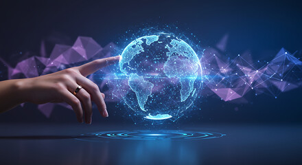 A hand interacts with a holographic representation of planet earth.