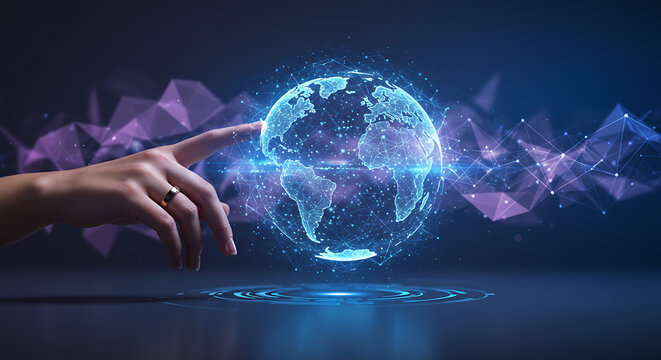 A hand interacts with a holographic representation of planet earth.
