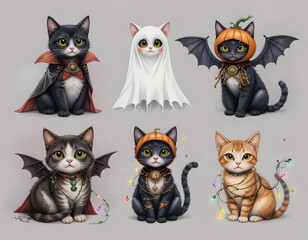 Obraz premium Whimsical Cats Dressed in Halloween Costumes Posing Against a Neutral Background
