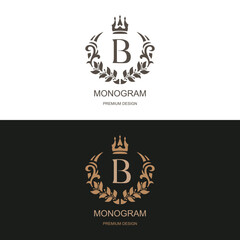 Elegant monogram with letter B, royal crown, and laurel wreath. Premium emblem in classic style on light and dark backgrounds. Ideal for luxury branding, fashion, or boutique logo. Vector illustration