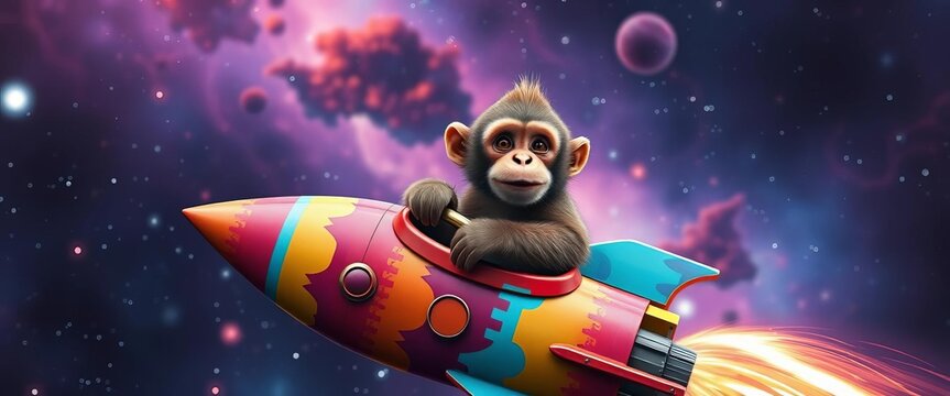 A curious monkey piloting a colorful rocket through a nebula, science fiction,  stardust