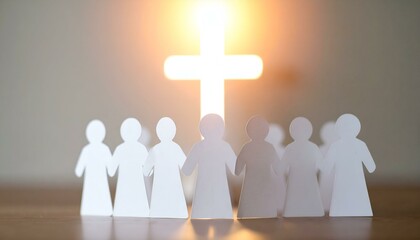 Paper figures holding hands, backlit by a glowing cross symbolizing faith, community, and hope.