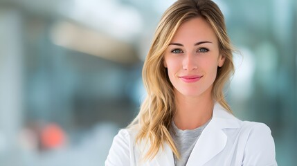 A confident young female doctor smiling in a white coat, embodying professionalism and trust in healthcare.
