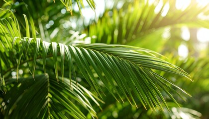 Lush green palm leaves bathed in sunlight. Perfect for tropical themes, summer vibes, and nature-related projects.