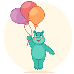 Funny cartoon hippo with colored balloons. Hippopotamus illustration for postcard, stickers, greeting card, invitation card, birthday party invitation, poster. Transparent background.