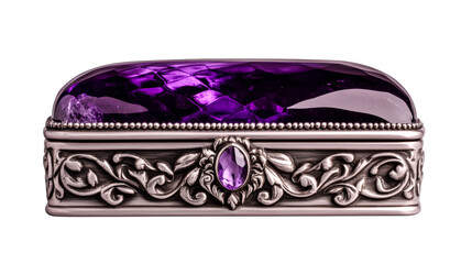 Jeweled box with amethyst stone and silver accents, cut out transparent