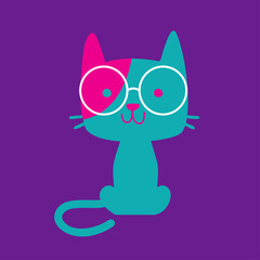 Blue and pink cat with glasses on violet background
