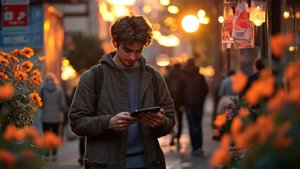 Young man using tablet in city street at dusk - Powered by Adobe