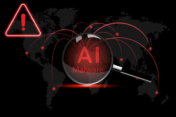 Concept of Malware. Magnifying glass with a AI Malware word on world map background.