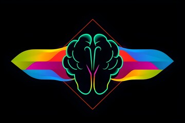 Neon abstract brain with rainbow waves extending from each side, set against a black background
