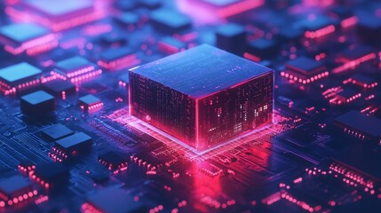 Abstract close-up of electronic computer hardware circuitry with glowing connections and detailed circuit board patterns, showcasing advanced technology and digital network design




