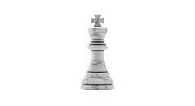 A realistic 3D marble chess king piece icon symbolizing strategy, leadership, and game tactics for business and gaming projects.