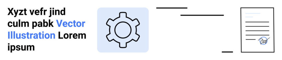Gear icon near placeholder text and document with signature in minimal design. Ideal for automation, productivity, workflow, business, technology, agreement, digital tools, simple landing page