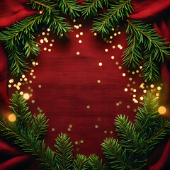 Festive Christmas Frame: Red Fabric, Fir Branches, Gold Glitter