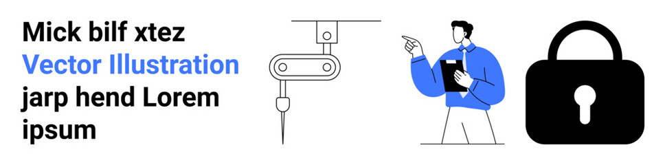 Engineer assessing robotic machinery with lock symbol highlighting data security. Ideal for automation, technology, cybersecurity, industrial processes, innovation, professional analysis, simple