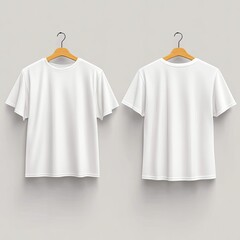 Two plain white t-shirts on wooden hangers