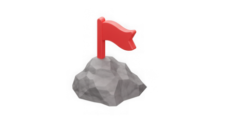 Reaching The Peak: A red flag proudly waves atop a rocky summit, symbolizing achievement and aspiration in a minimalist design, perfect for concepts of goals and success.