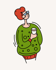 illustration of girl holding coffee. Color print on white background