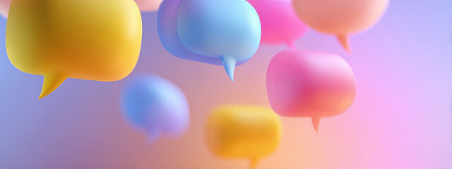 Abstract floating speech bubble shapes on soft gradient background with diffused light and minimalistic communication concept
