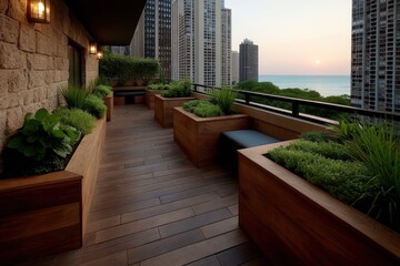 Luxury balcony garden with city and lake views.