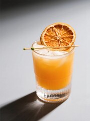 A glass of a glass of orange cocktail garnished with dried orange slice