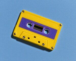 Obraz premium Vibrant yellow and purple audio cassette tape on blue.