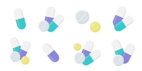Set of flat vector illustrations with pills, capsules, tablets, and vitamins in pastel colors. Isolated on white background.