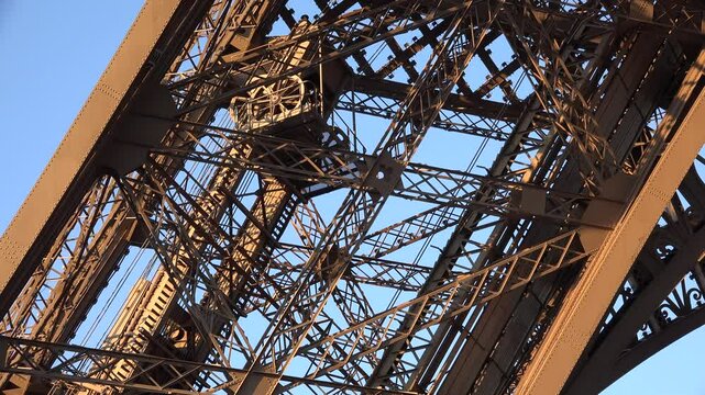 4K Eiffel Tower Detail Elevator Paris Attraction Closeup Tourists Traveling View