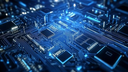 Futuristic blue digital circuit board background with glowing data lines and abstract computer technology interface elements for innovation and high-tech themes




