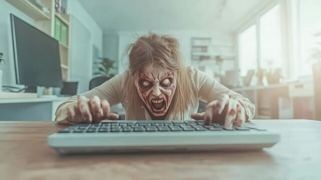 Pale skinned undead office worker furiously typing with bloodied hands, expressing intense rage and workplace stress in brightly illuminated corporate environment