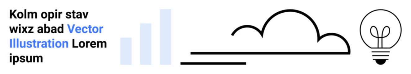Text beside light blue vertical graph bars, simple cloud line art, and a lightbulb symbolizing innovation. Ideal for data visualization, creativity, education, technology, growth, web design simple