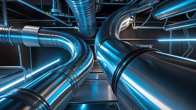 Complex Network of Shiny Blue Metal Ducts in Industrial Ceiling with Glowing Lights and Modern Design
