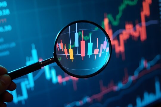 Magnifying glass focuses on financial market chart data for business research