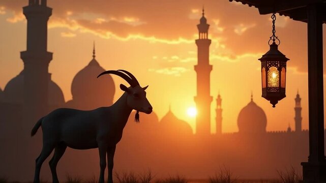 Eid Al-Adha Celebration with Goat and Mosque Silhouette at Sunset