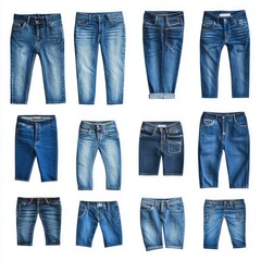 Assorted denim jeans, various styles and lengths, on white background