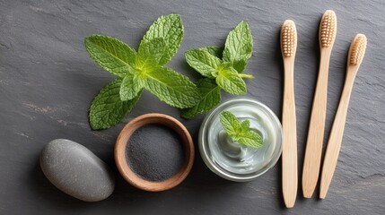 Natural oral care essentials arranged aesthetically on a clean slate background, including eco-friendly charcoal toothbrushes, homemade toothpaste in a reusable glass jar, and fresh mint leaves, captu