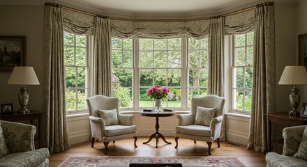 Elegant interior bay window view of garden