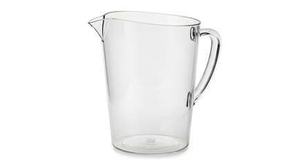 A clear plastic pitcher with a handle and spout sitting on a white background space