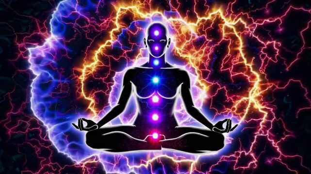 Chakra lights glow on yoga body. Meditation pose absorbs healing energy. Chakra colors align for deep healing. Healing chakra meditation connects yoga energy.