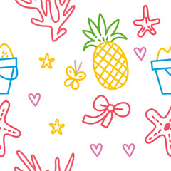 Seamless pattern with pineapple, corals, starfish, flower pots, bows and hearts, colorful summer doodle style


