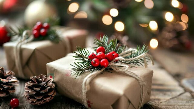 A wrapped present on a wooden surface, decorated with a pine branch and red berries. A pinecone sits next to it, and bokeh lights glow softly in the background, suggesting a festive holiday scene.