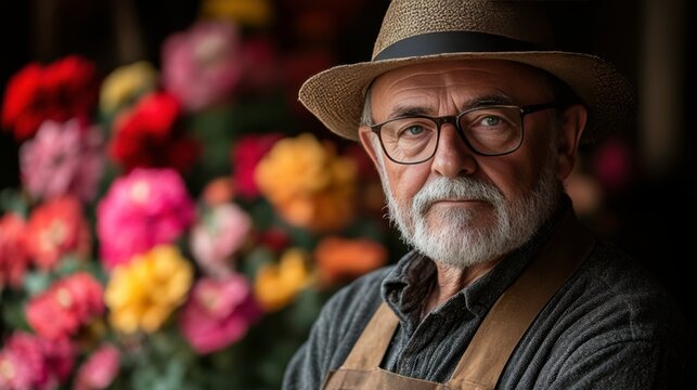 Senior Man with Glasses and Hat Surrounded by Colorful Flowers - Powered by Adobe