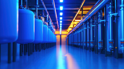 Modern industrial facility featuring blue lighting, showcasing rows of cylindrical tanks and pipes, creating futuristic atmosphere