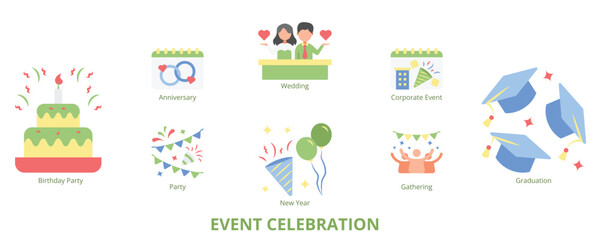Event Celebration Flat Banner Web Icon Set Vector Illustration, Party Gathering Wedding Anniversary Graduation New Year Birthday Party Corporate Event