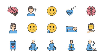 Fototapeta premium Mental Health icons, set of line icons, icon sheet